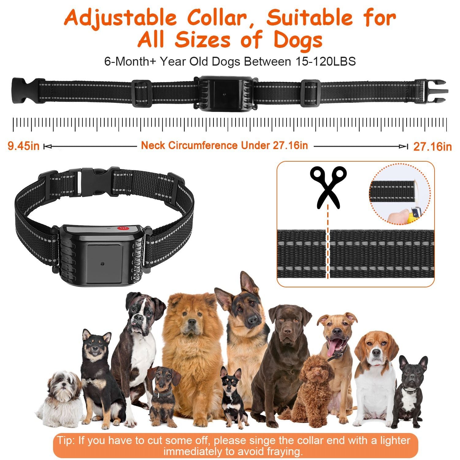 Adjustable woven collar with buckle and ruler showing neck sizes from 9.45 to 27.16 inches