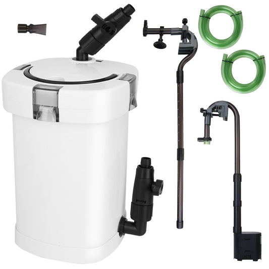 White external canister filter with angled outlet, hoses, riser tubes and pump components