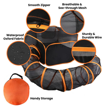 Close-up callouts showing zipper, breathable mesh, waterproof fabric, sturdy wire and carry bag for the pet tent