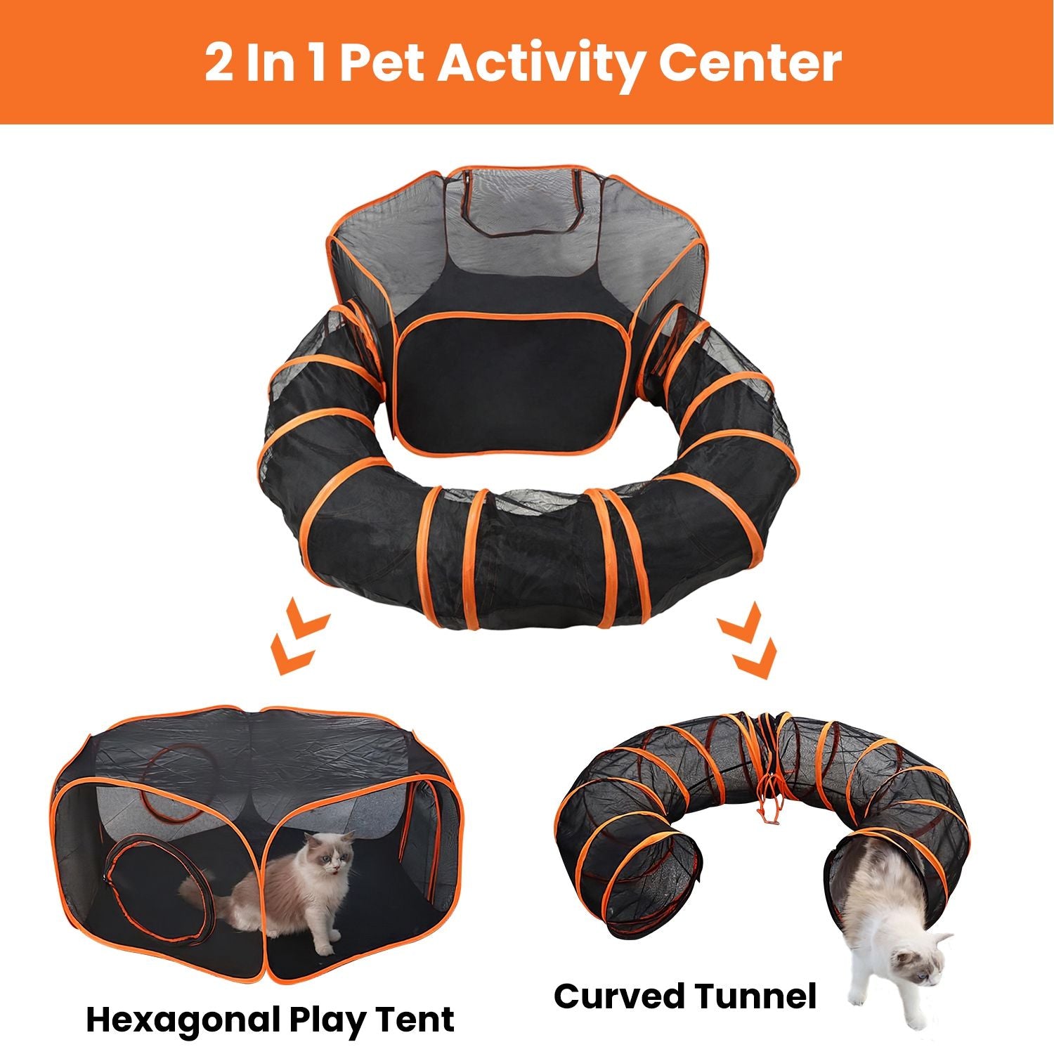 Convertible 2-in-1 setup showing hexagonal play tent and a curved tunnel, with a cat entering the tunnel