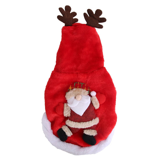 Red hooded pet coat with brown antlers and Santa appliqué, white faux-fur trim