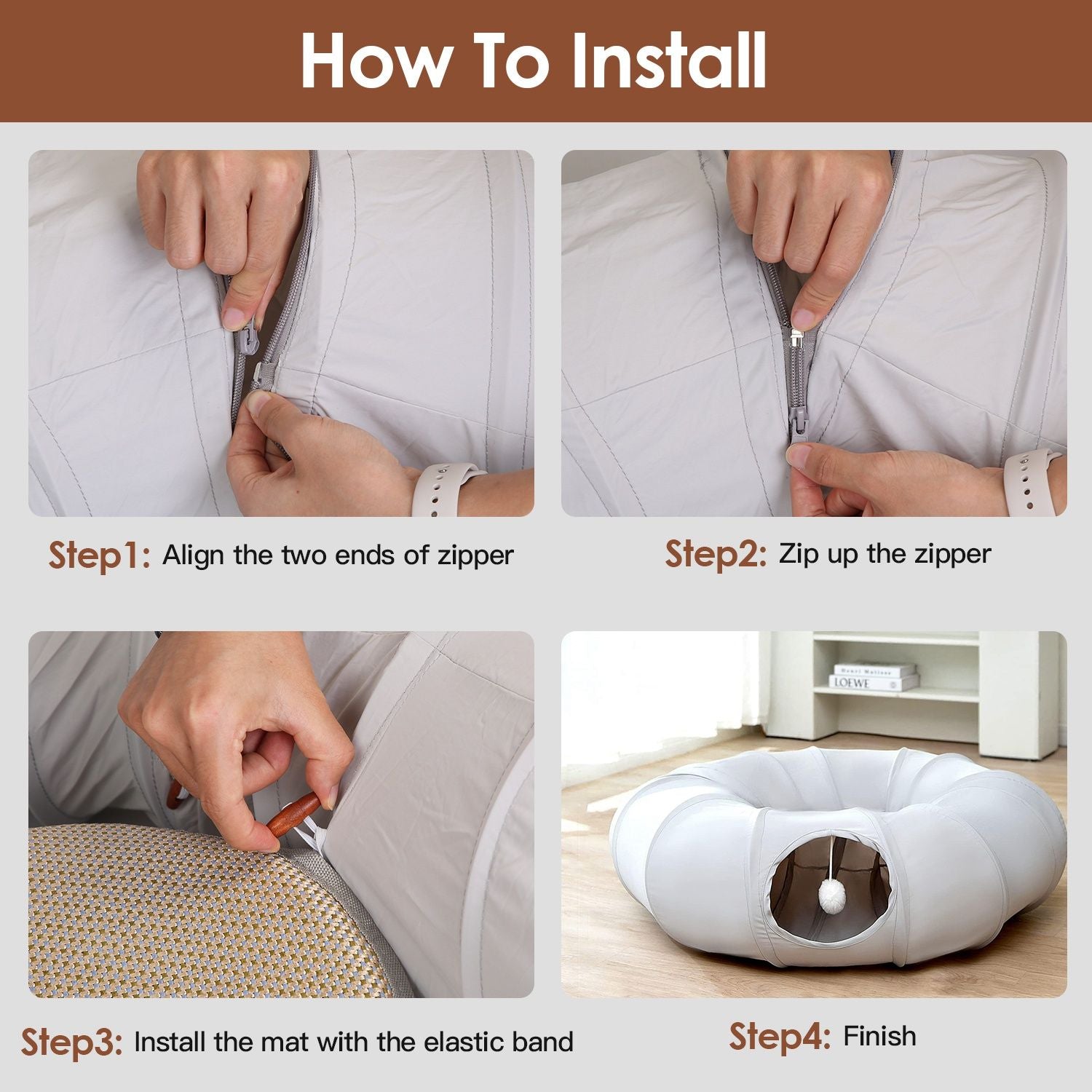 installation steps aligning zipper, zipping tunnel, and fitting the elastic mat to finish assembly
