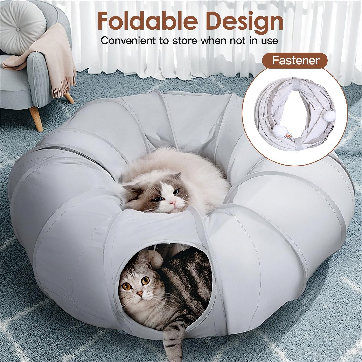 foldable circular cat tunnel bed with fastener inset, cat on top and another inside entrance