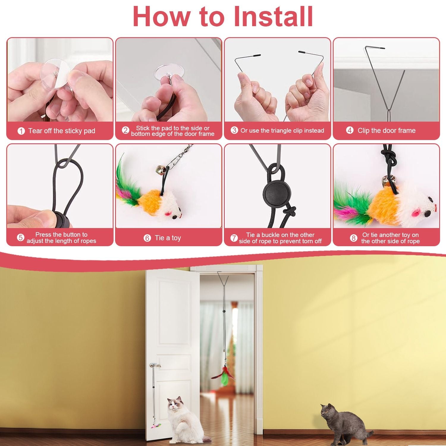 Installation guide collage showing sticky pad, clip, wand assembly, rope adjustment and tying on toys