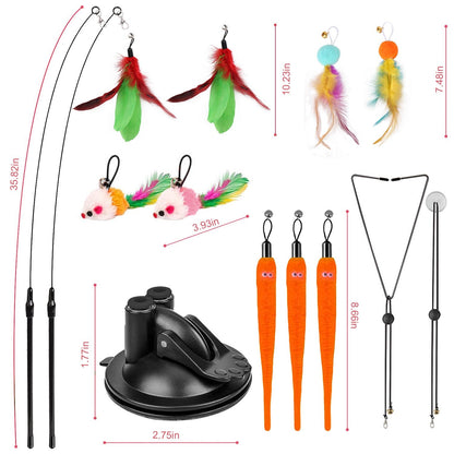 Parts layout on white background with dimensions for wands, feather toys, mice, worms and suction cup