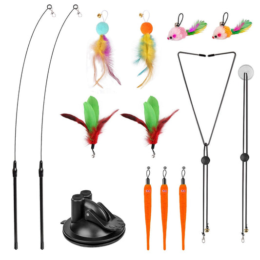 Full kit laid out with dual wands, suction cup base, mice, feather toys, fur balls, worm teasers and ropes