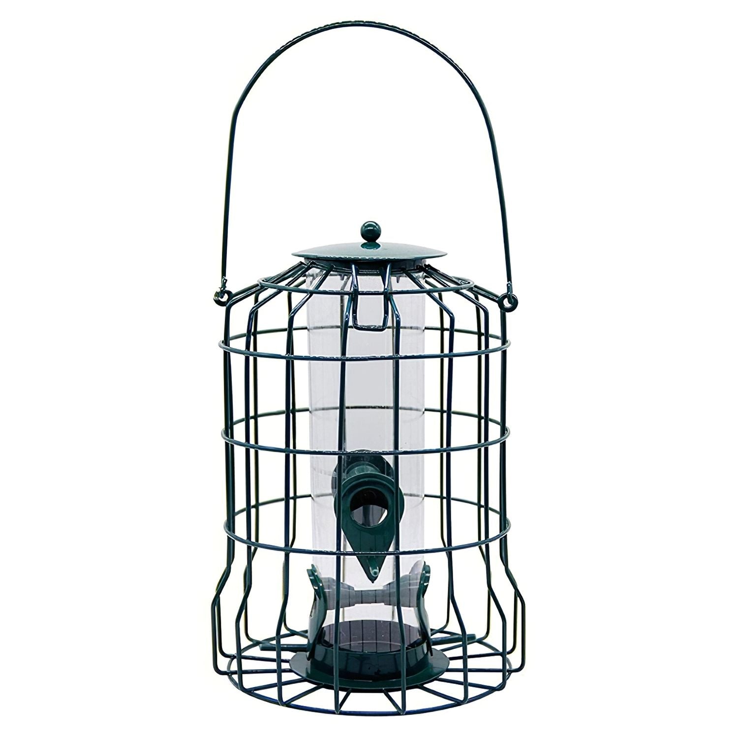Studio shot of green metal cage bird feeder with clear seed tube, four ports, top lid and handle