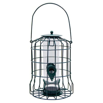 Studio shot of green metal cage bird feeder with clear seed tube, four ports, top lid and handle