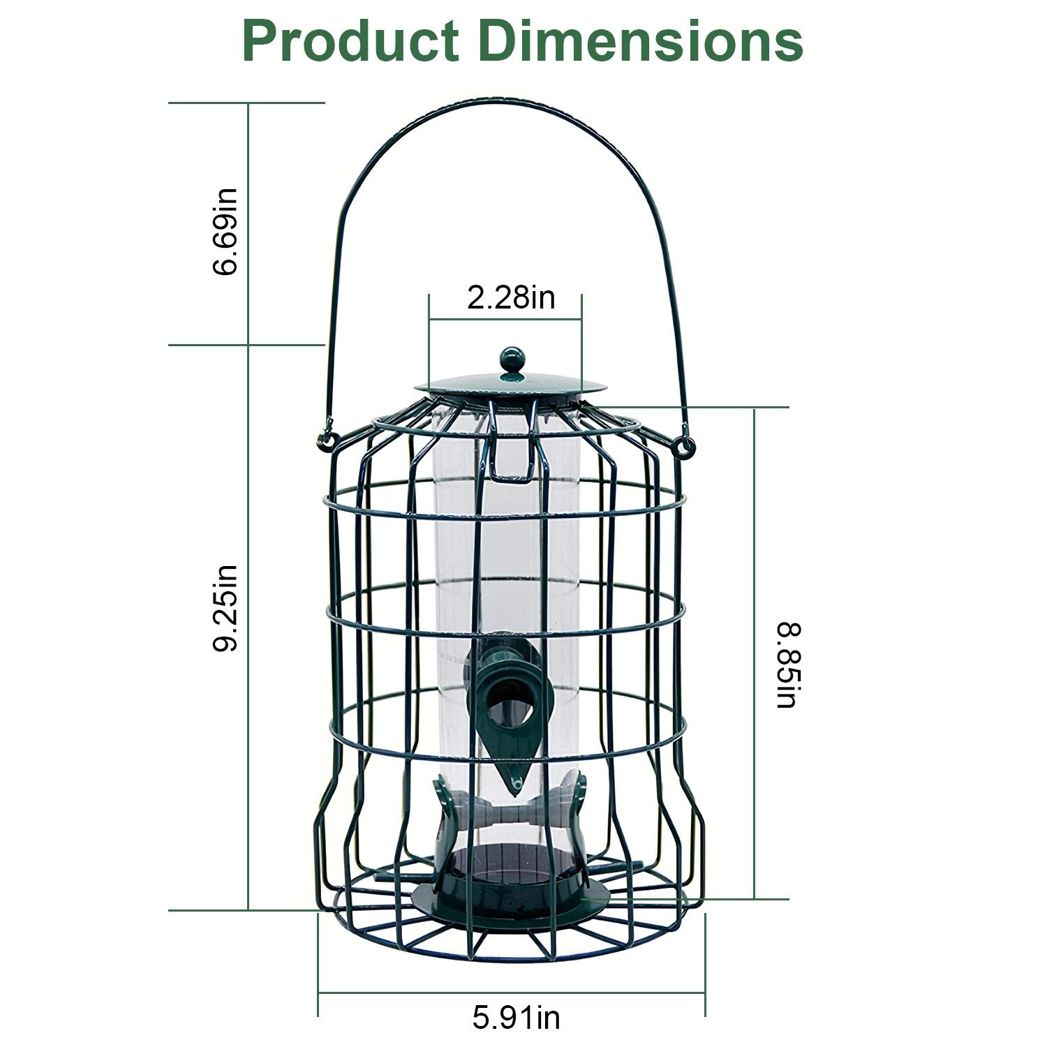 Dimension diagram of hanging bird feeder with measurements for handle height body and base diameter