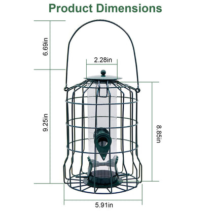 Dimension diagram of hanging bird feeder with measurements for handle height body and base diameter