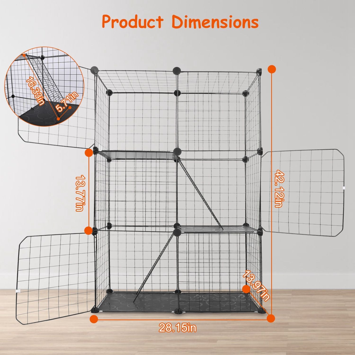 Dimension diagram of assembled 3-tier cage with height, width and tier spacing callouts
