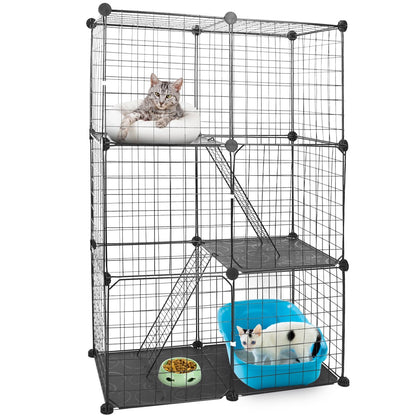 Studio image of assembled cage with cat on platform and litter box on bottom tier showing interior layout ideas