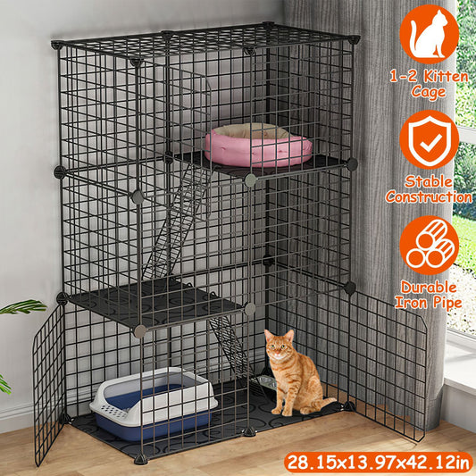 Assembled 3-tier black metal cat playpen with open doors, ladders, plastic floors and dimension overlay