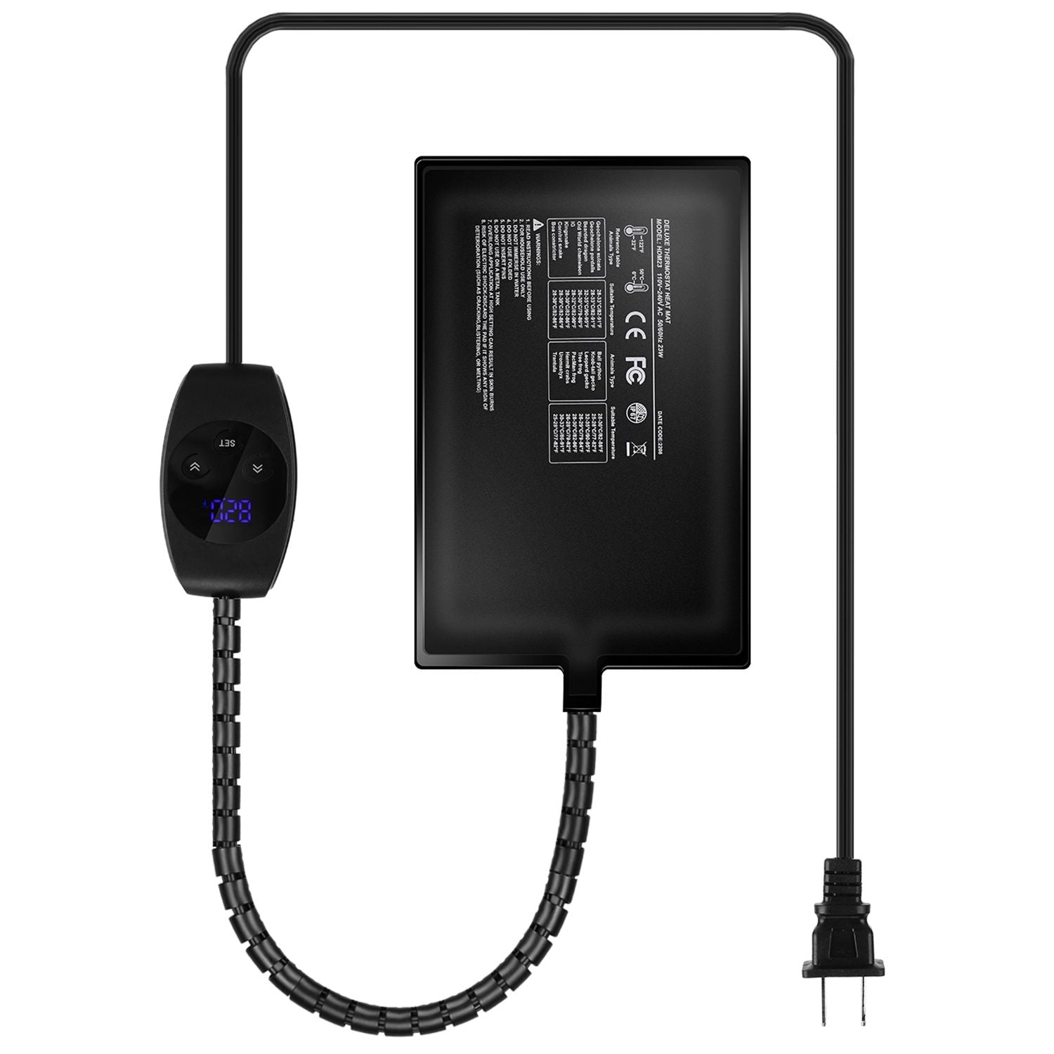 Heating pad with controller and coiled US power cord laid out to show included components
