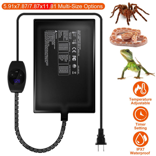 Black reptile heating pad with digital controller and US plug next to reptile photos and feature icons