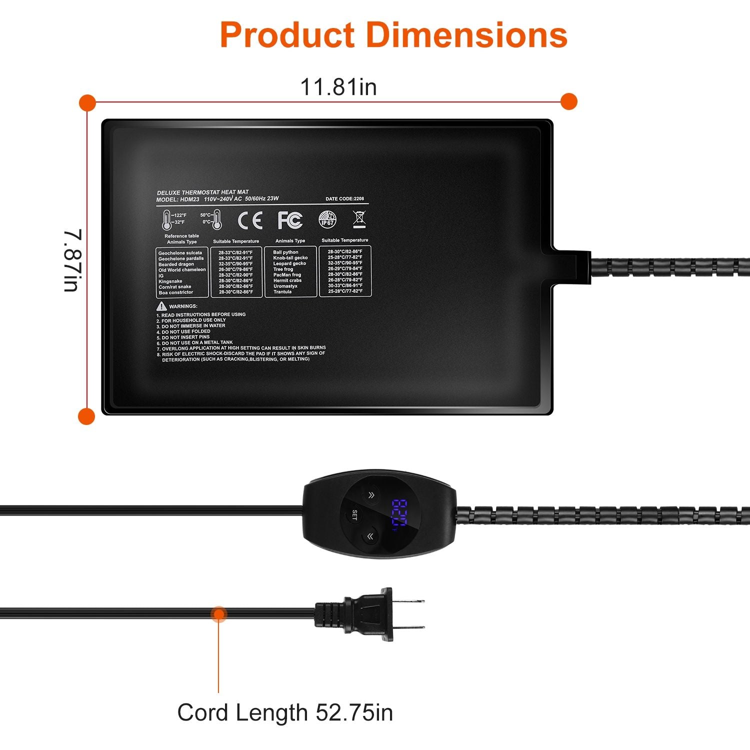 Top-down heating pad with dimensions labeled 11.81 x 7.87 inches and 52.75 inch cord length