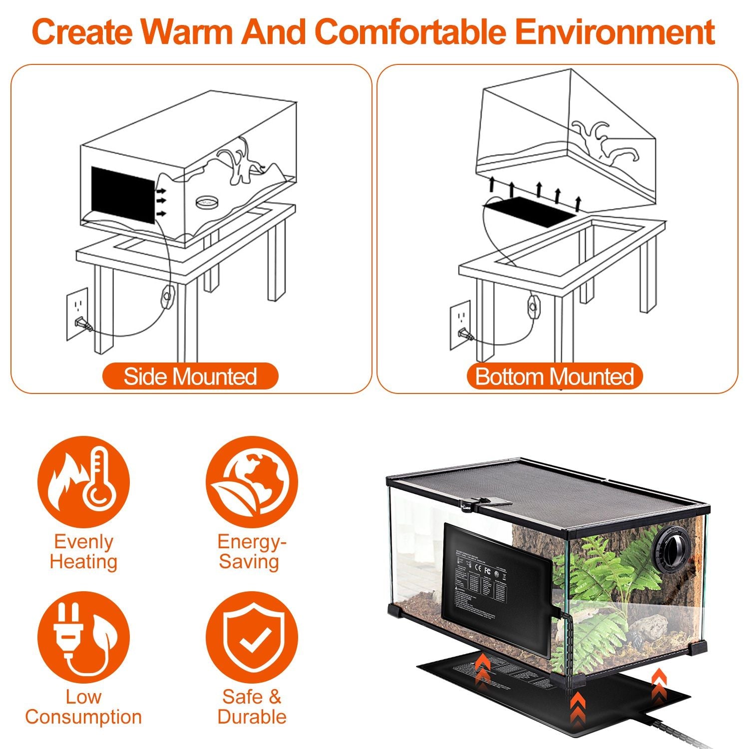 Line drawings of side-mounted and bottom-mounted installation options for under-tank heating pad