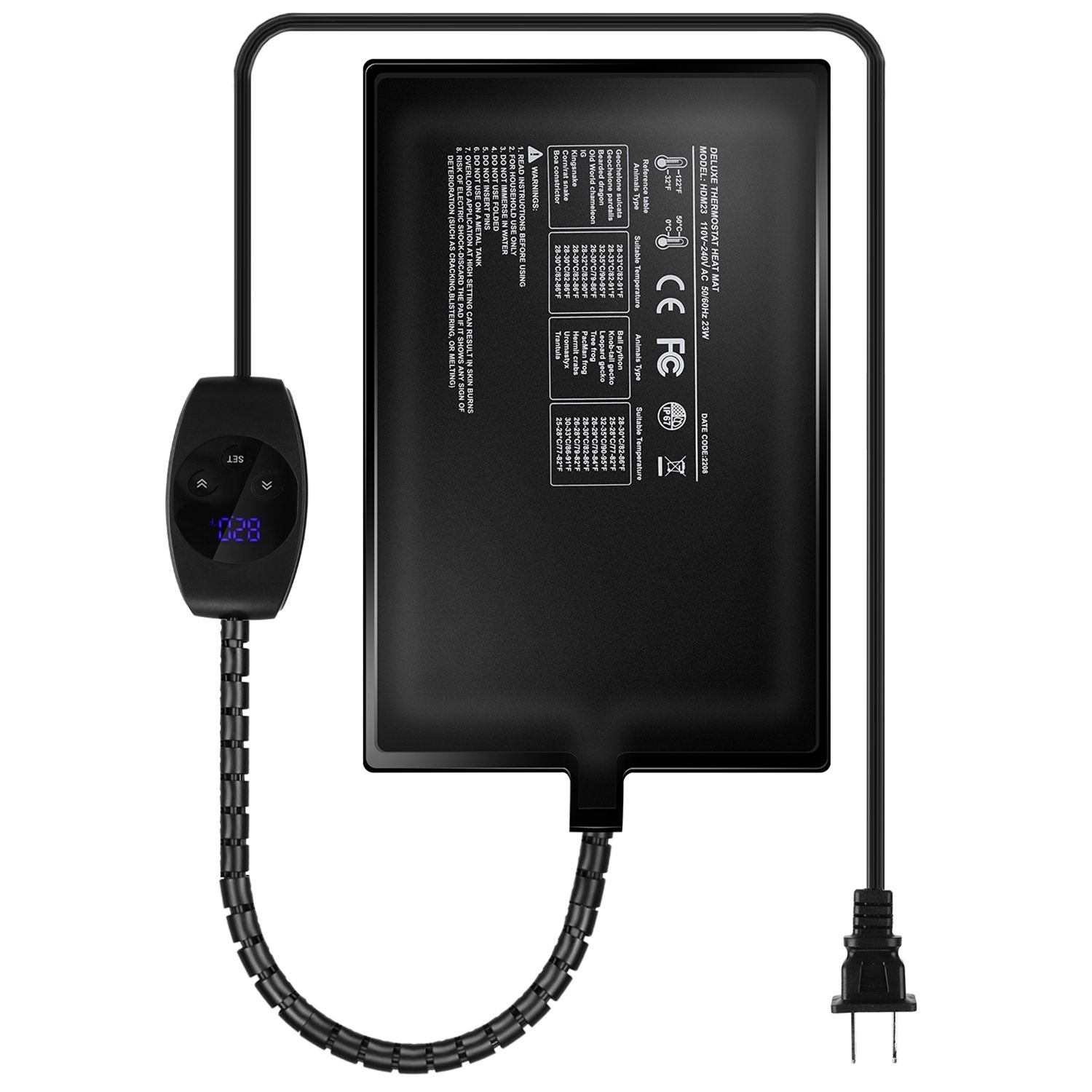 Studio view of black heating pad with controller and plug, highlighting slim profile and cord