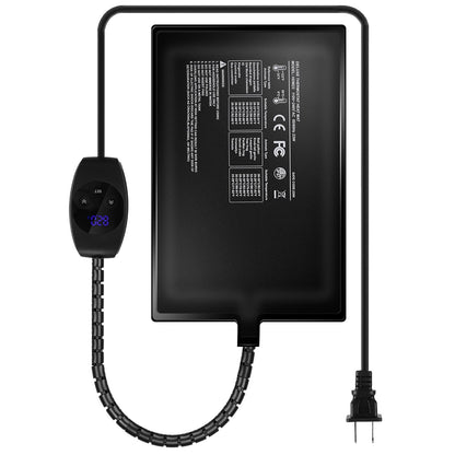 Studio view of black heating pad with controller and plug, highlighting slim profile and cord