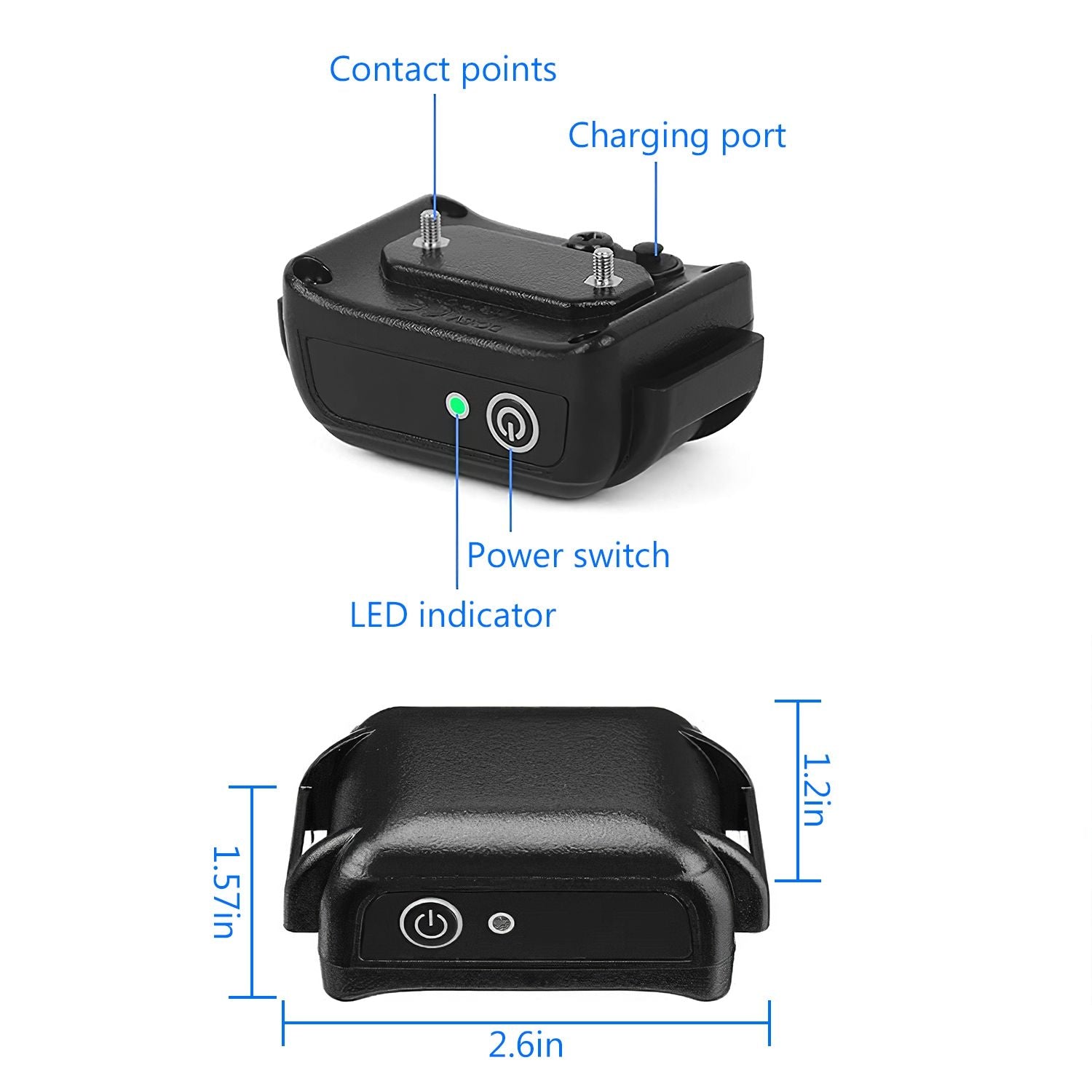 Labeled diagram of receiver showing contact probes charging port power switch LED and dimensions