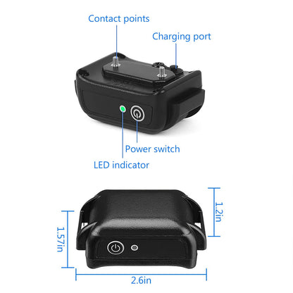 Labeled diagram of receiver showing contact probes charging port power switch LED and dimensions