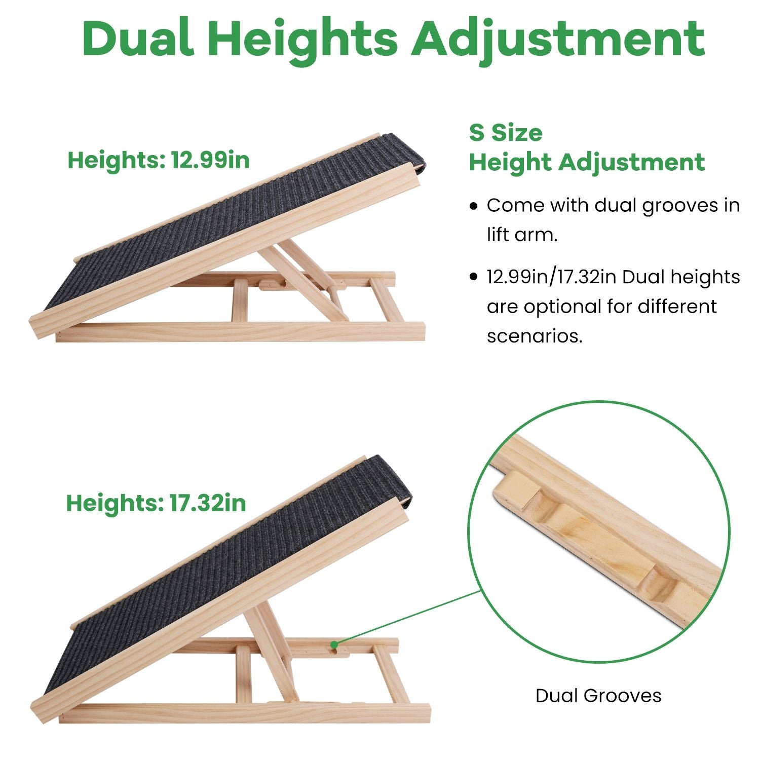 infographic showing dual height adjustment and lift arm grooves for small ramp
