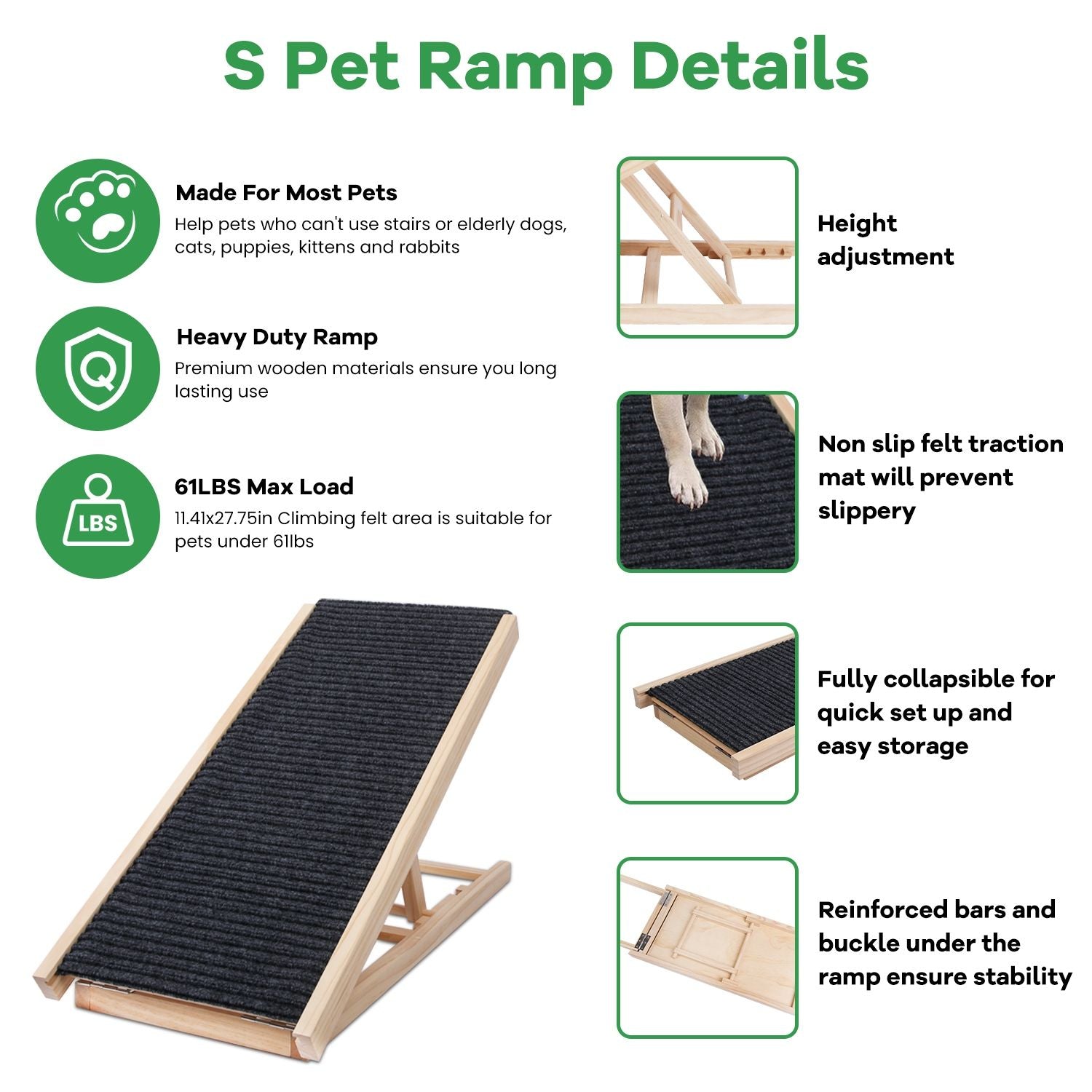 small ramp details infographic showing features like felt traction and collapsible design