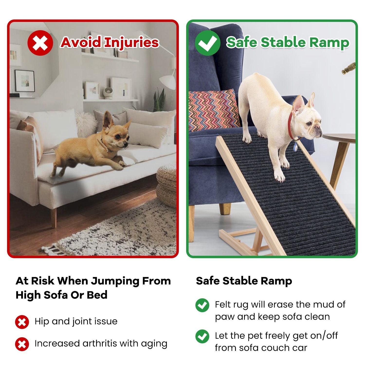 comparison graphic showing risks of jumping versus safe use of a pet ramp