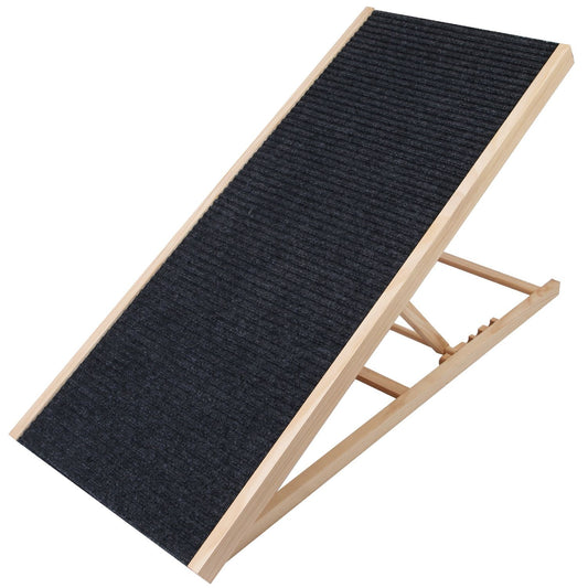 angled wooden dog ramp with dark ribbed felt surface on white background