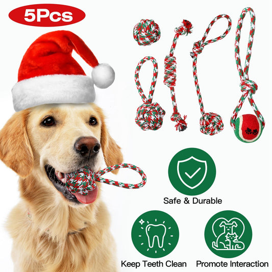 Golden retriever with Santa hat beside a five-piece Christmas rope toy set and benefit icons