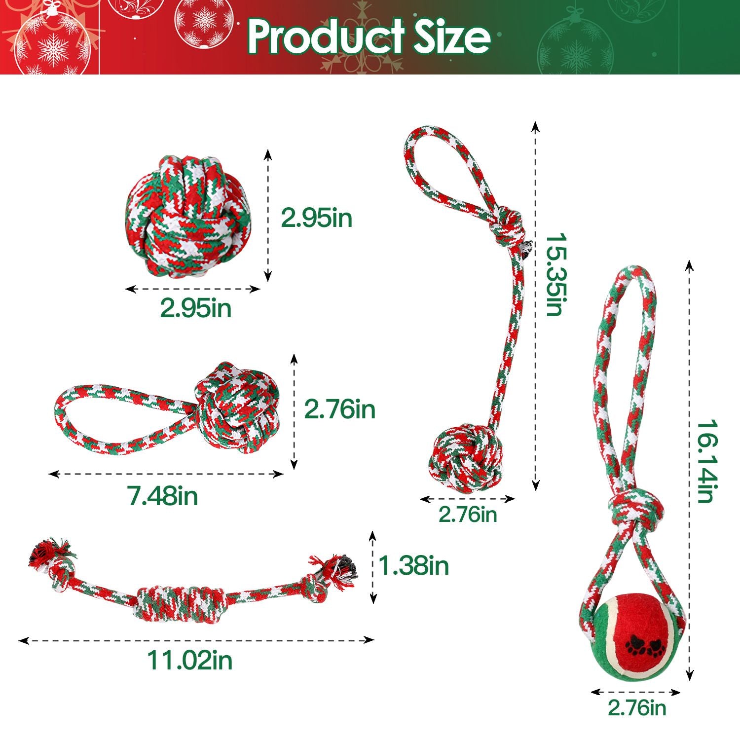 Size diagram showing measurements for each of the five red, green and white rope toys