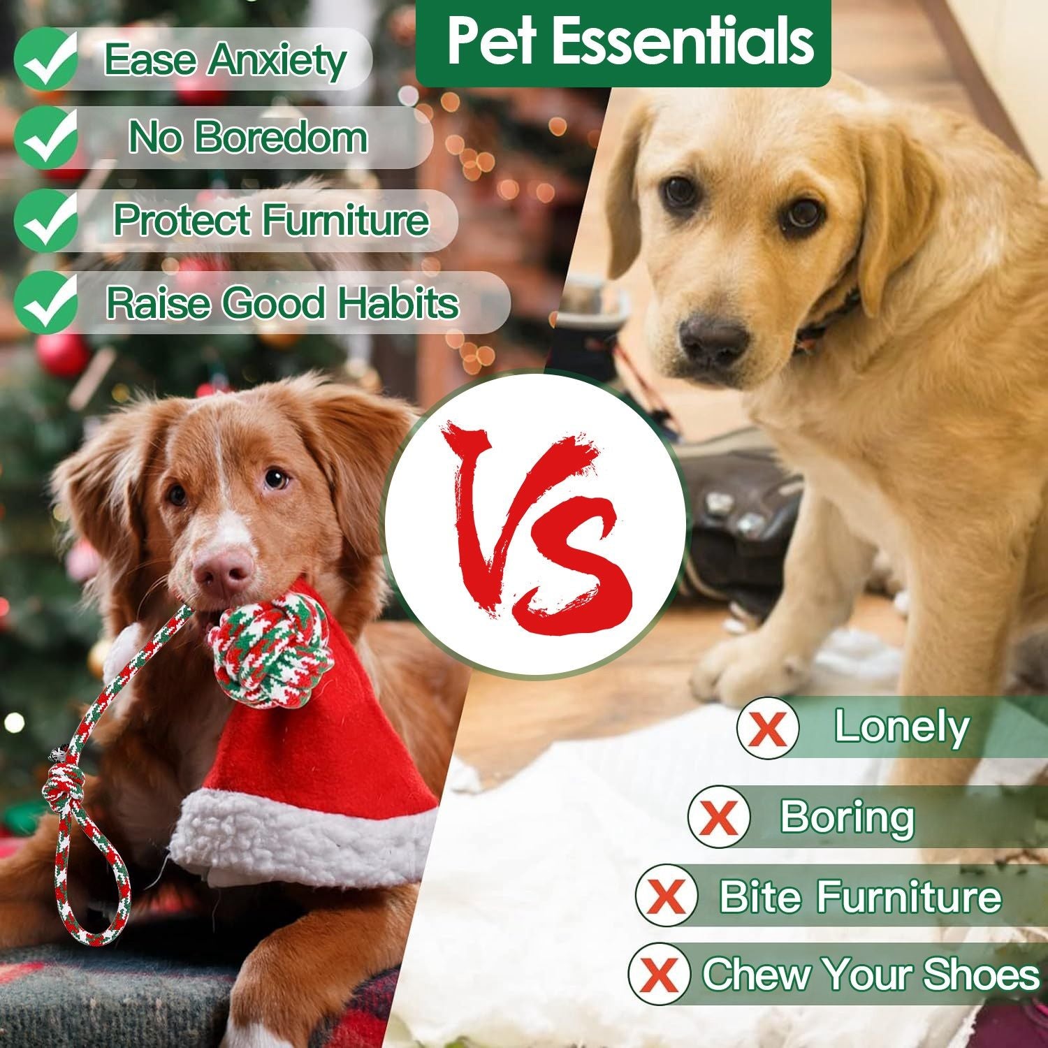 Split graphic listing benefits of rope toys versus problems like chewing furniture and boredom