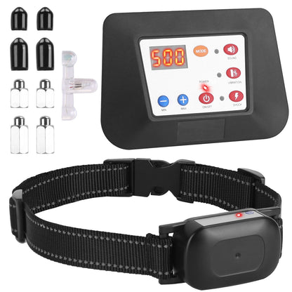 Remote transmitter with lit display above buckled receiver collar, spare contacts, silicone caps and test bulb