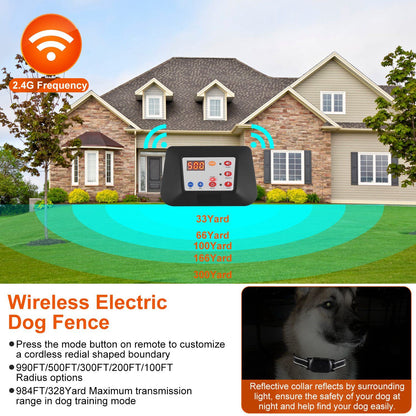 Transmitter on lawn illustrating wireless fence radius up to 990ft with 2.4G signal