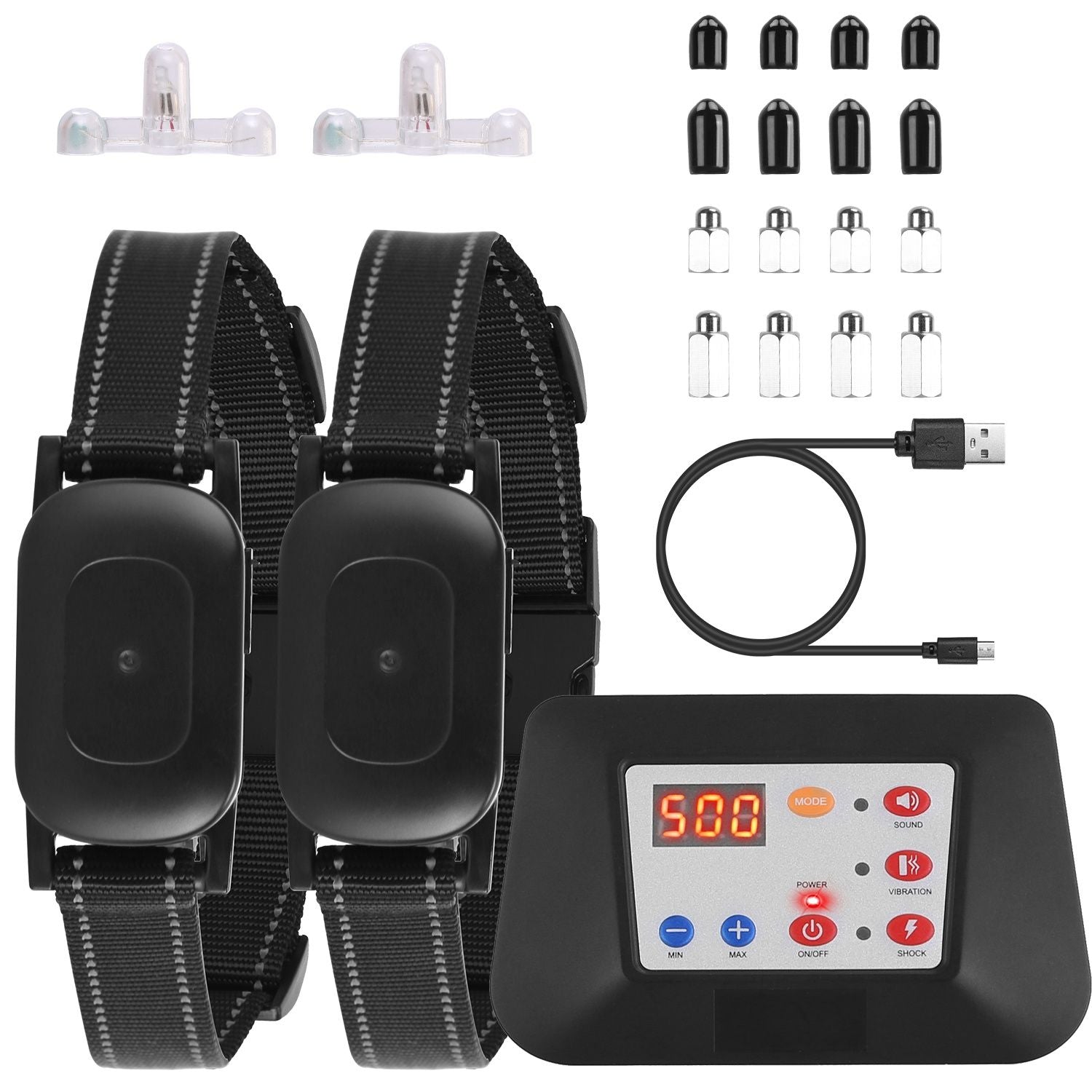 Complete kit with transmitter, two black collar receivers, USB cable and replacement contact caps