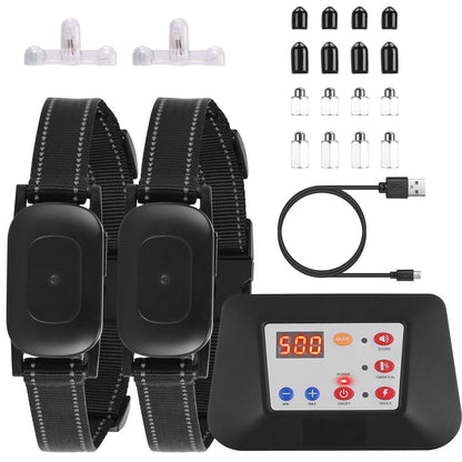 Complete kit with transmitter, two black collar receivers, USB cable and replacement contact caps