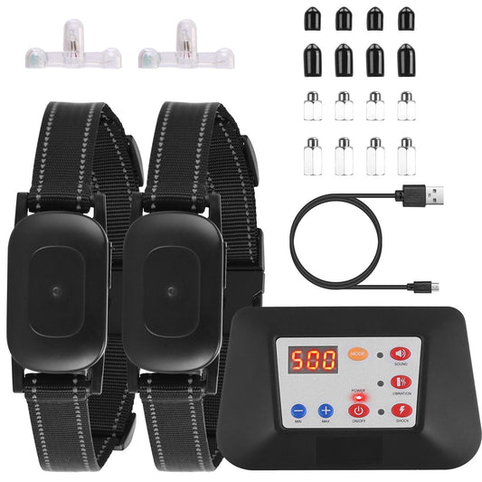 Complete kit with transmitter, two black collar receivers, USB cable and replacement contact caps