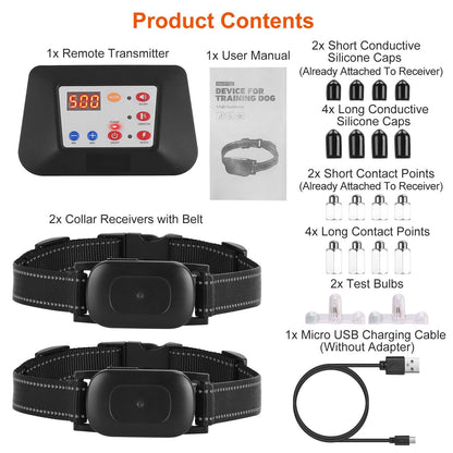 Flat lay of package contents: transmitter, two collar receivers, USB cable, test bulbs, caps and manual