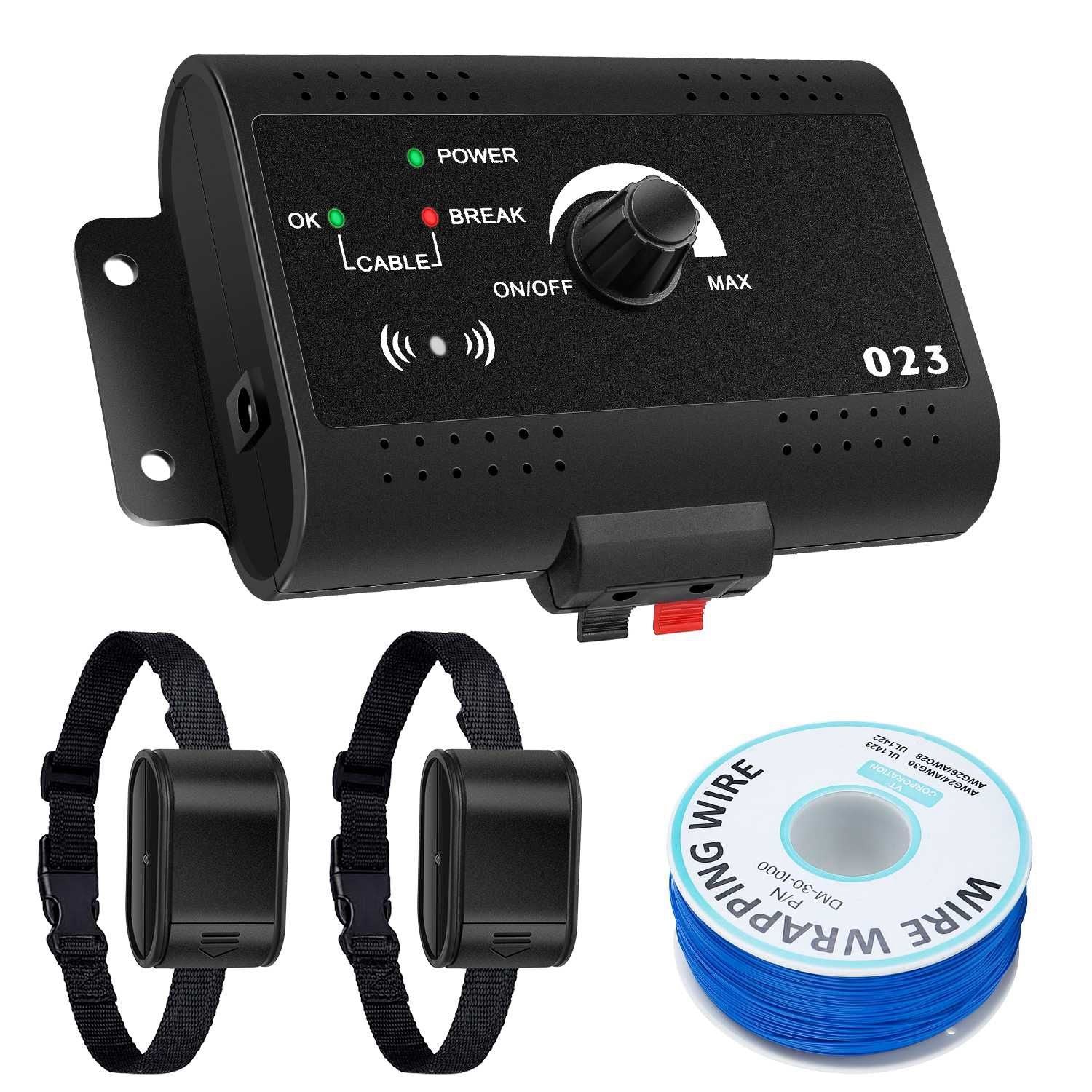 Wall-mounted transmitter with two collar receivers and a small spool of blue wire