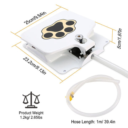 Dimensions and hose length of the white step-on dog water fountain