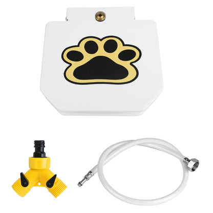 Fountain unit with hose and yellow two-way splitter laid out to show included accessories