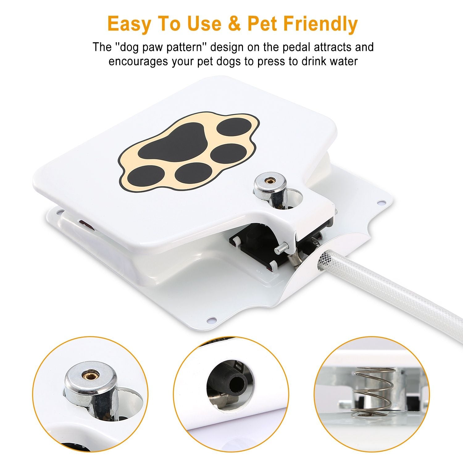 White paw-decal pedal fountain showing hose connection and metal nozzle