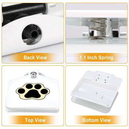 Multiple views of step-on dog fountain showing spring top and bottom