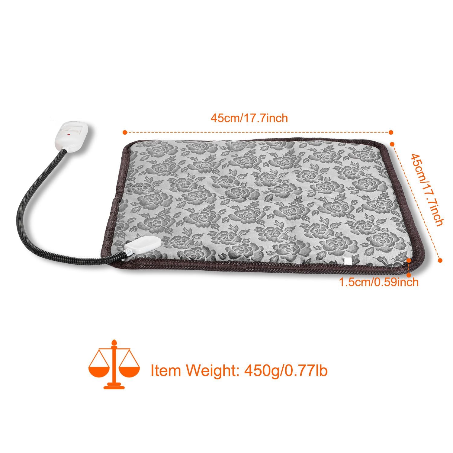 Flat pet heating pad with cord and controller annotated 45cm x 45cm and 1.5cm thickness
