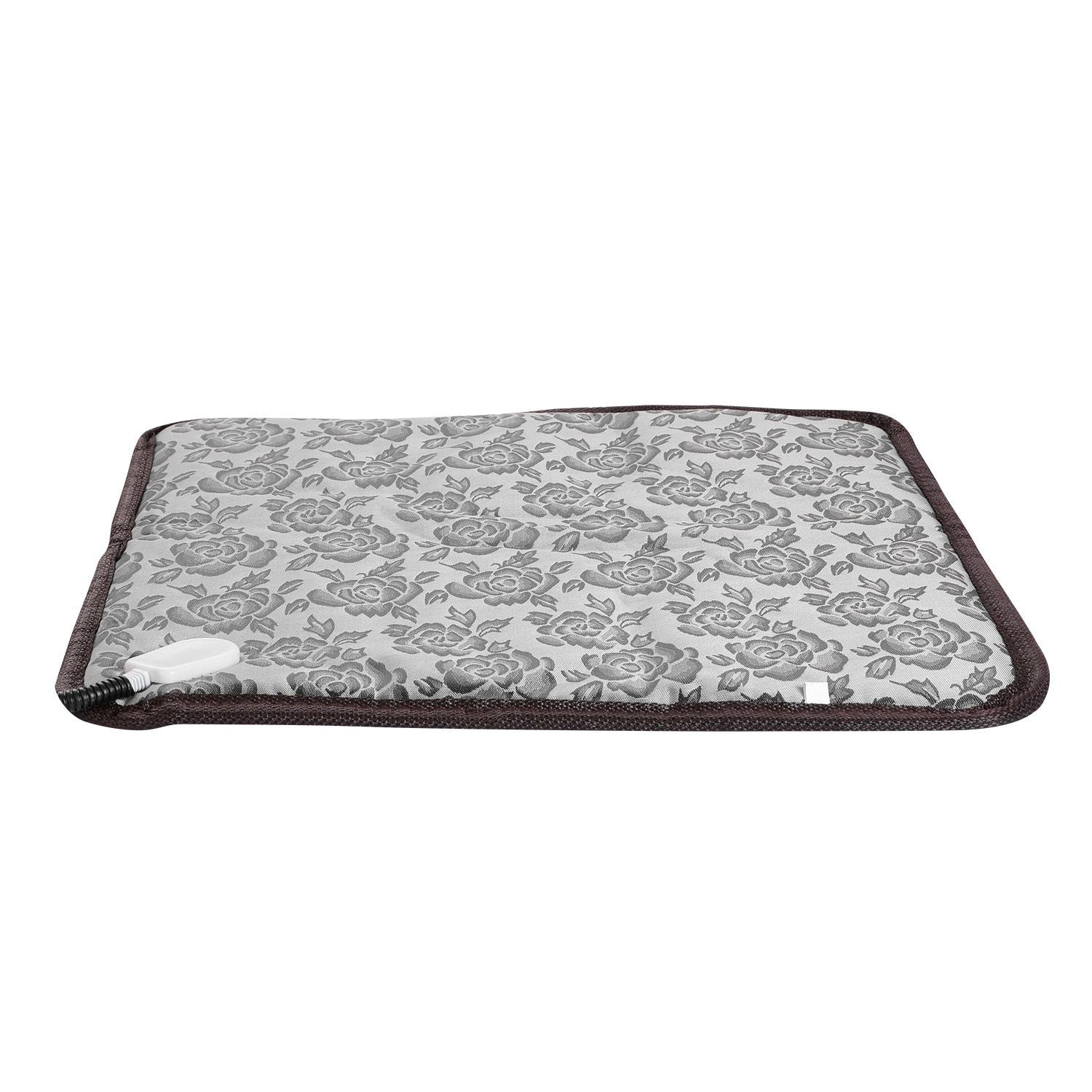 Isolated gray floral pet heating pad with brown trim and attached power cord on white background