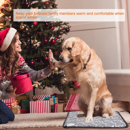 Dog using pet heating pad in living room near a decorated Christmas tree