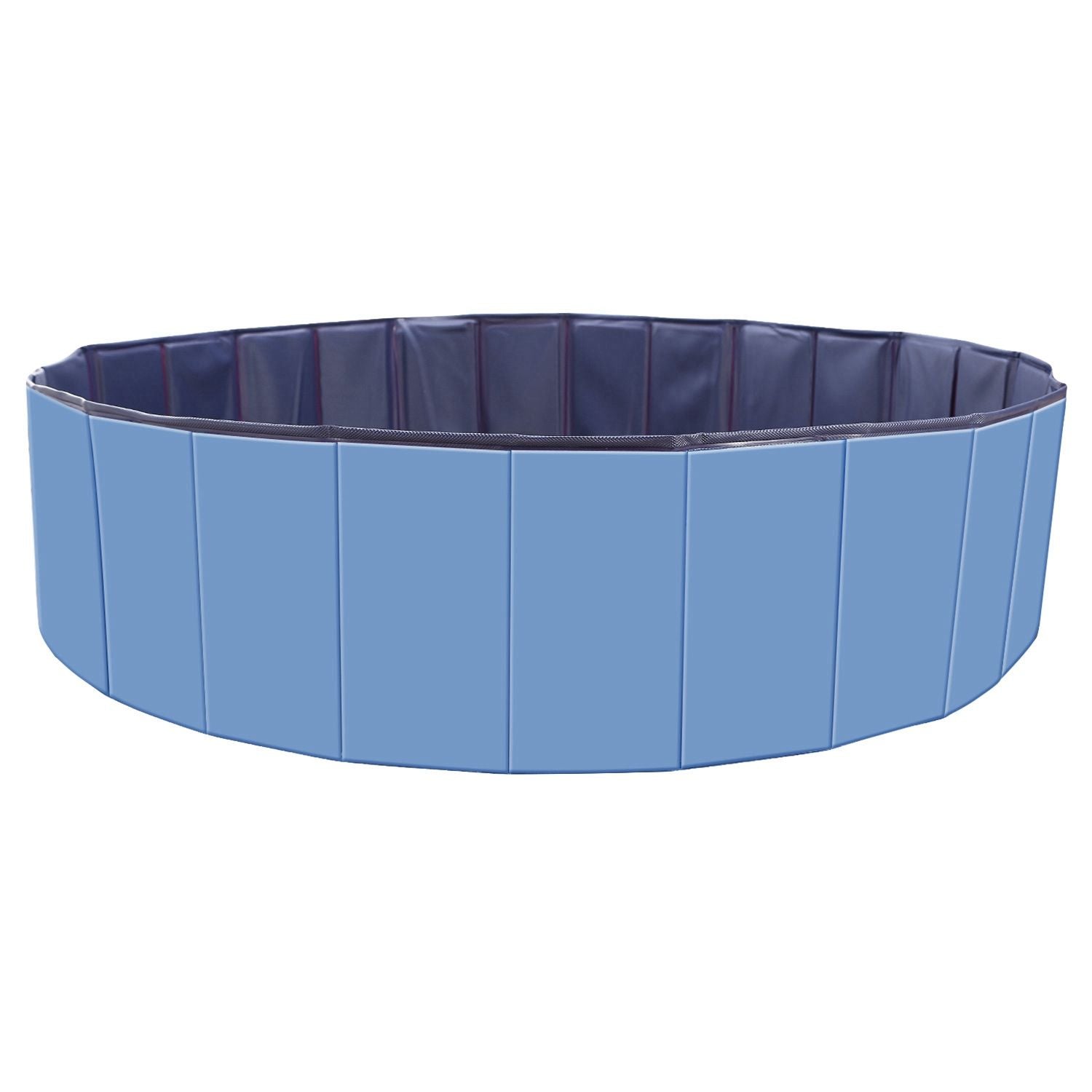 Child and husky in blue pool outdoors with measurement markings to indicate depth and scale