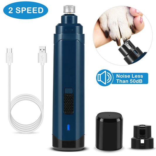 Deep blue cordless pet nail grinder with USB cable, cap, and port adapter