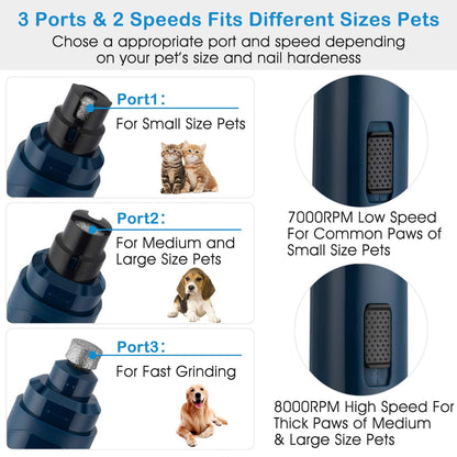 Three port heads and two-speed settings for small, medium and large pet nails