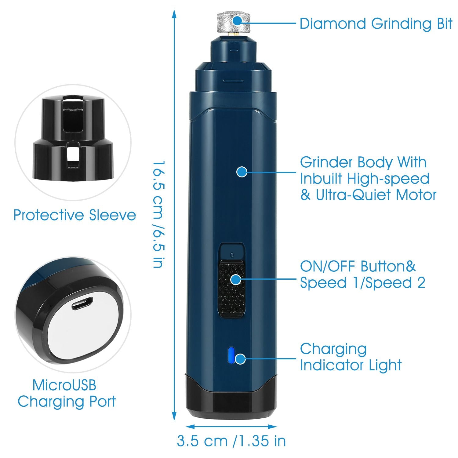 Front view of grinder with dimensions, speed switch, charging light and protective sleeve